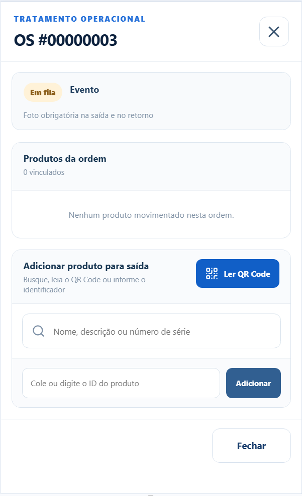 Tela móvel real de tratamento de ordem de serviço