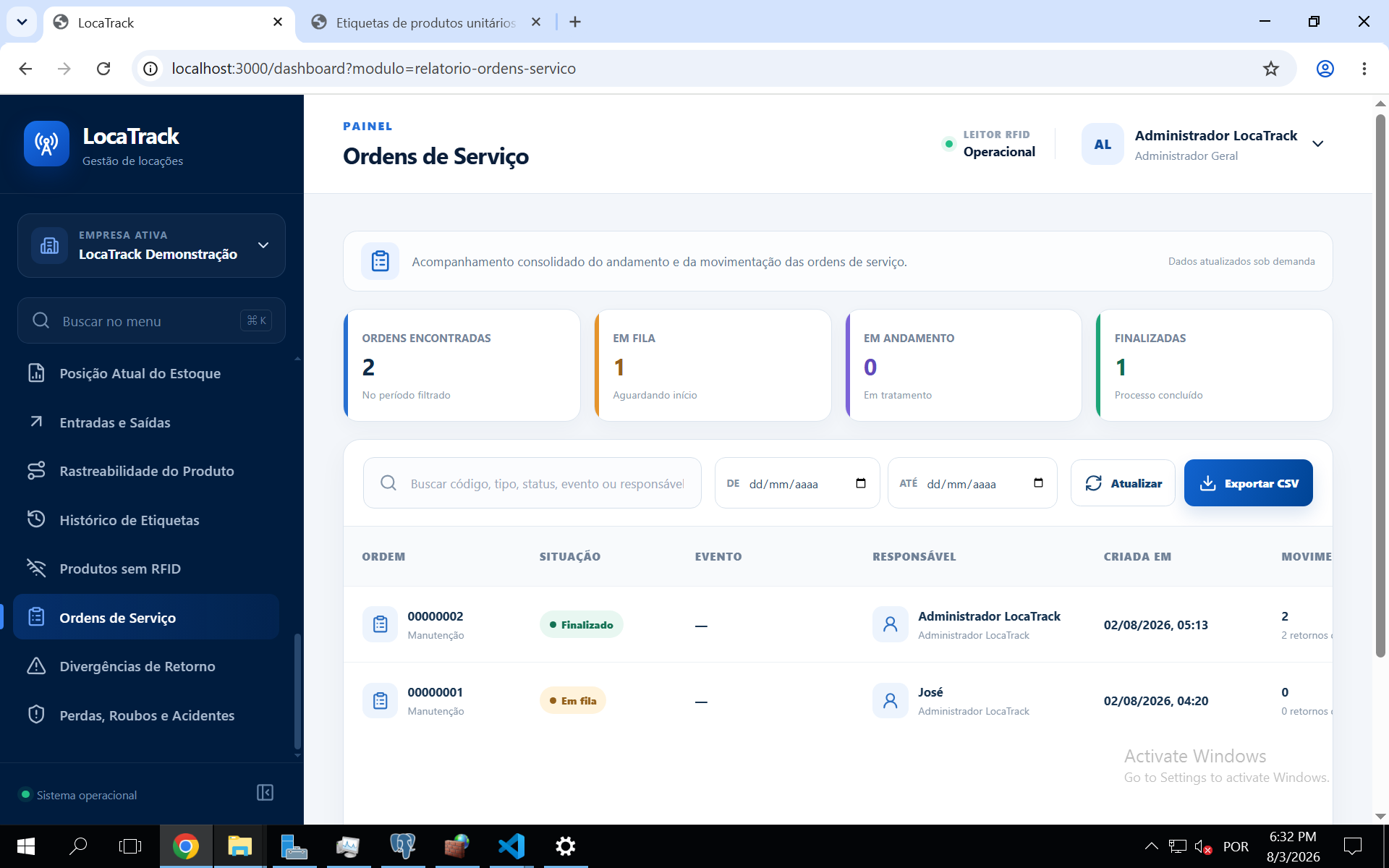 Relatório real de ordens de serviço no LocaTrack