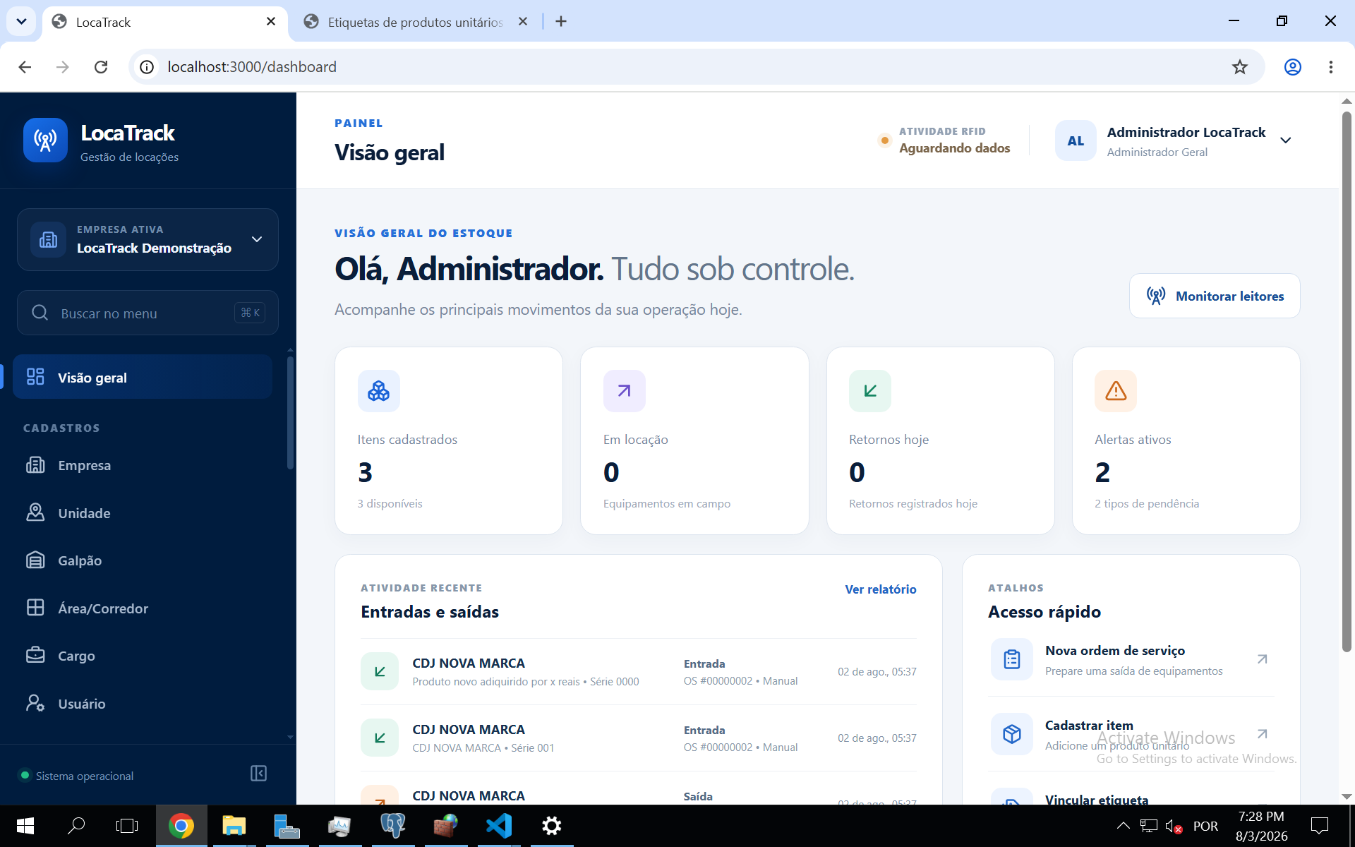 Tela real da visão geral do LocaTrack